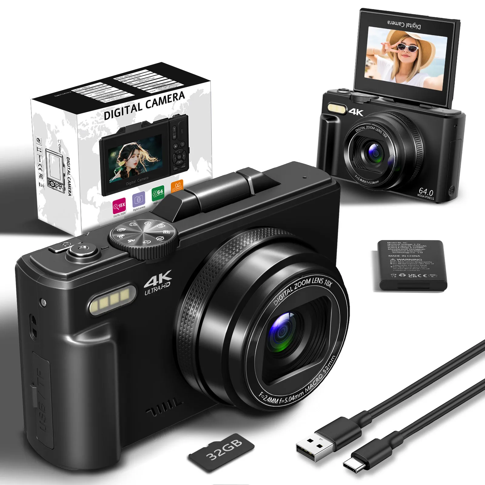 4K compact digital photography camera, 18x digital zoom, vintage vlog video recorder for YouTube, 180° flip screen, WiFi webcam