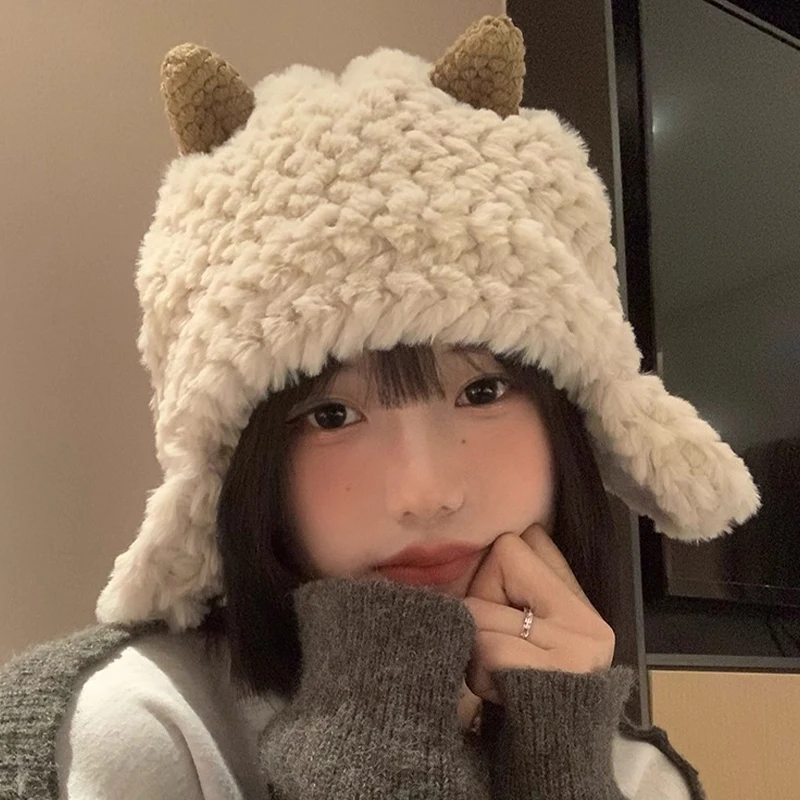 

Fluffy Lamb Hat Cute Sheep Ear Knit Hat For Women Thick Plush Bucket Hat Windproof Girl Earmuff Cap 3 Color