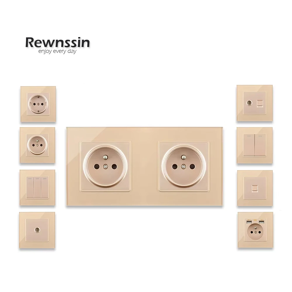 Golden Glass Panel Switch Socket Wall Network Data Interface Socket EU/FR Power Socket Switch 110V-250V Wall Plug Socket