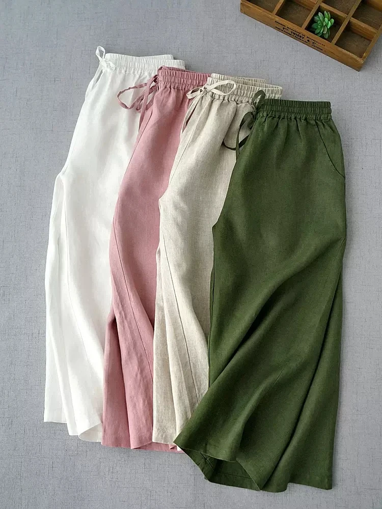 

66-90cm Elastic Waist Spring Summer Women Loose All-match Japan Style Comfortable Natural Linen Trousers Wide Leg Pants