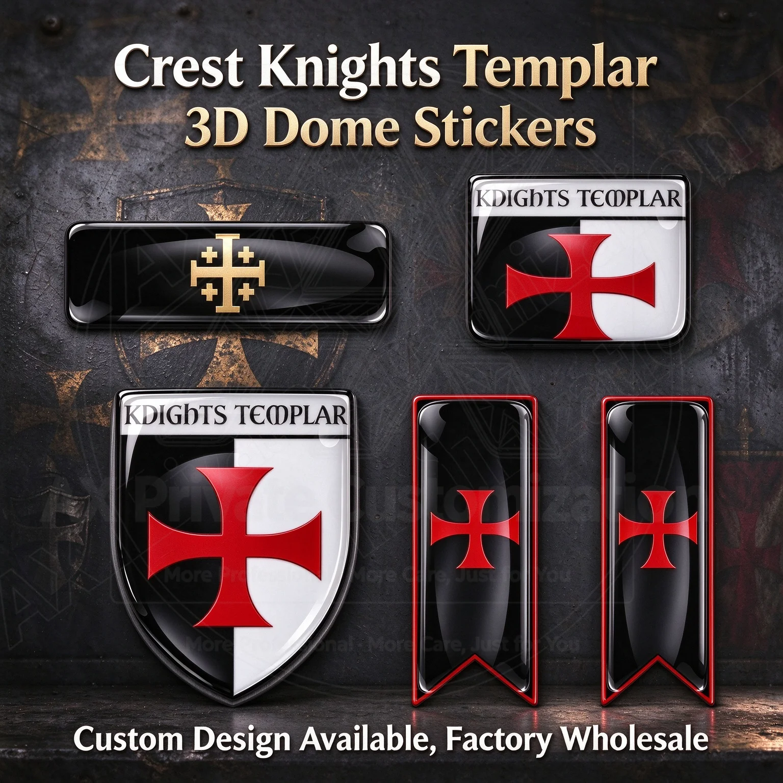 Custom Knights Templar 3D Dome Epoxy Resin Sticker Waterproof Decal for Auto Motorcycle Hub Cap Laptop