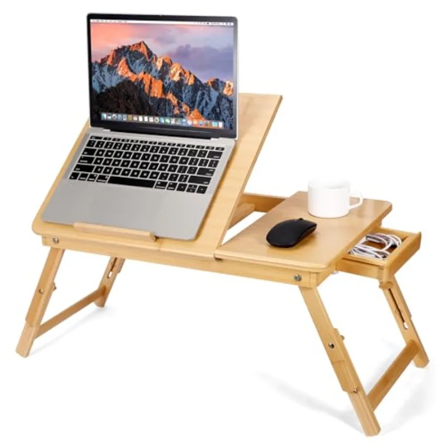 

Bamboo Laptop Lap Desk with Vent Folding Lap Tray Table Adjustable Height Tilting Top and Drawer Portable for Working Reading W