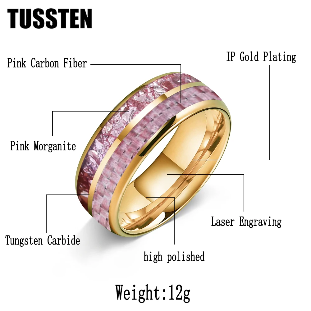 TUSSTEN 6/8MM Men And Women Marriage Tungsten Ring Dome Double Groove Inlaid Pink Morganit Pink Carbon Fiber Comfortable Fit