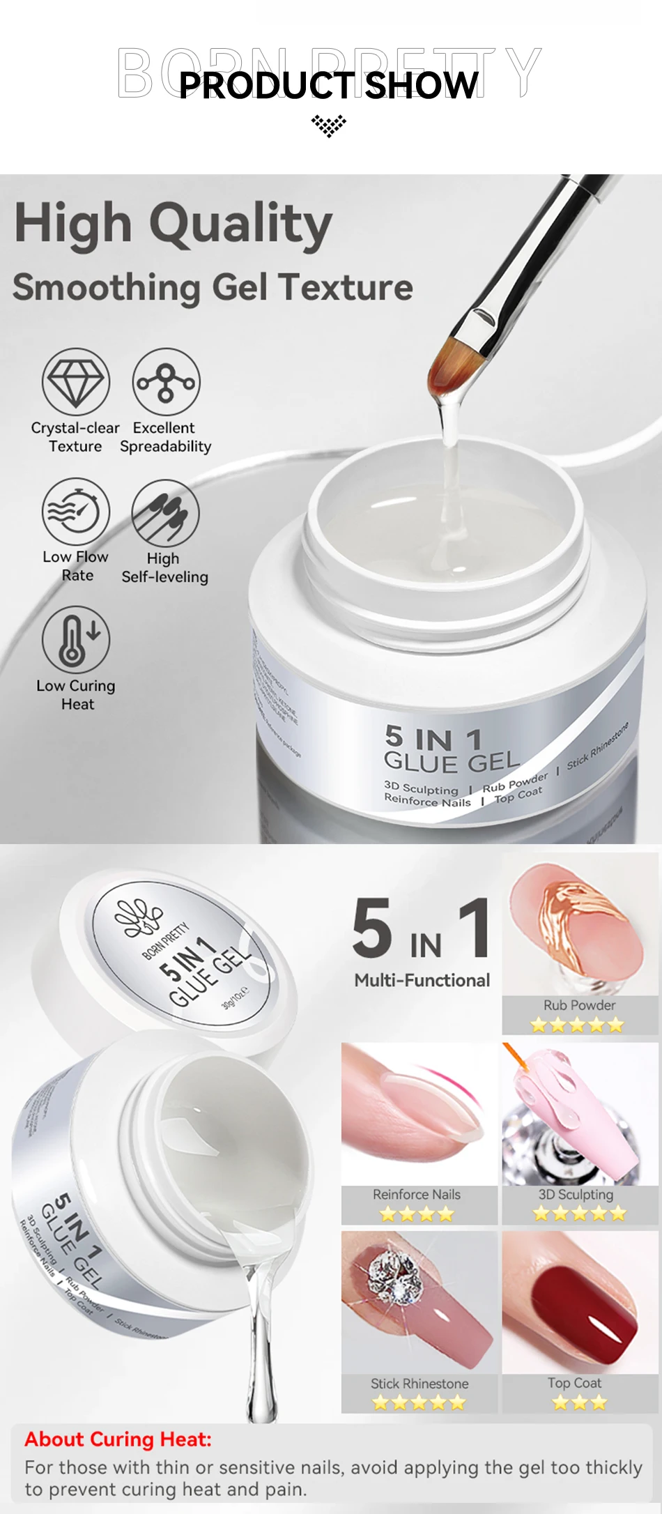 BORN PRETTY 30 g 5 IN 1 Nagelklebergel Multifunktionales Strass-Stick-Verstärkungsgel 3D-Shaping Sculpting Carving Nails – Detail 2