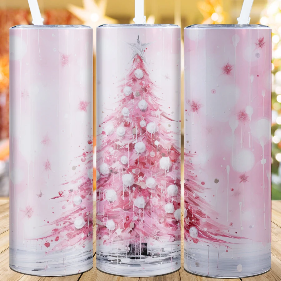 1Pc Party Water Bottle Straw Lid 20oz Stainless Steel Straight 3D Print Pink Christmas Tree Tumblers Family Festive Party Gifts