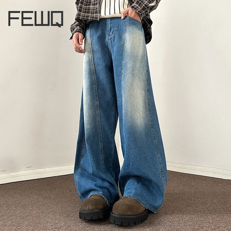 FEWQ Men's Jeans Autumn Winter Contrast Color Vintage 2024 Korea Fashion Wide Leg Pants Casual Male Trousers Loose