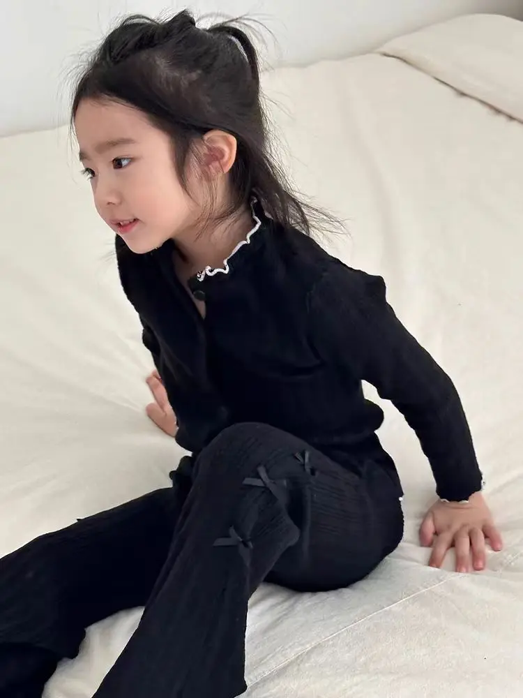 

2026 Spring New Baby Girl Long Sleeve Clothes Set Toddler Ribbed Cardigan Coat + Bow Flared Pants 2pcs Suit Kids Casual Outfits