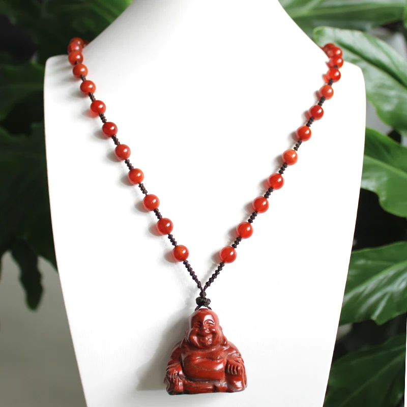 Unit One Piece Natural Red Jasper Gemstone Crystal Laugh Buddha Carving Necklace Pendant With Natural Agate Bead Chain