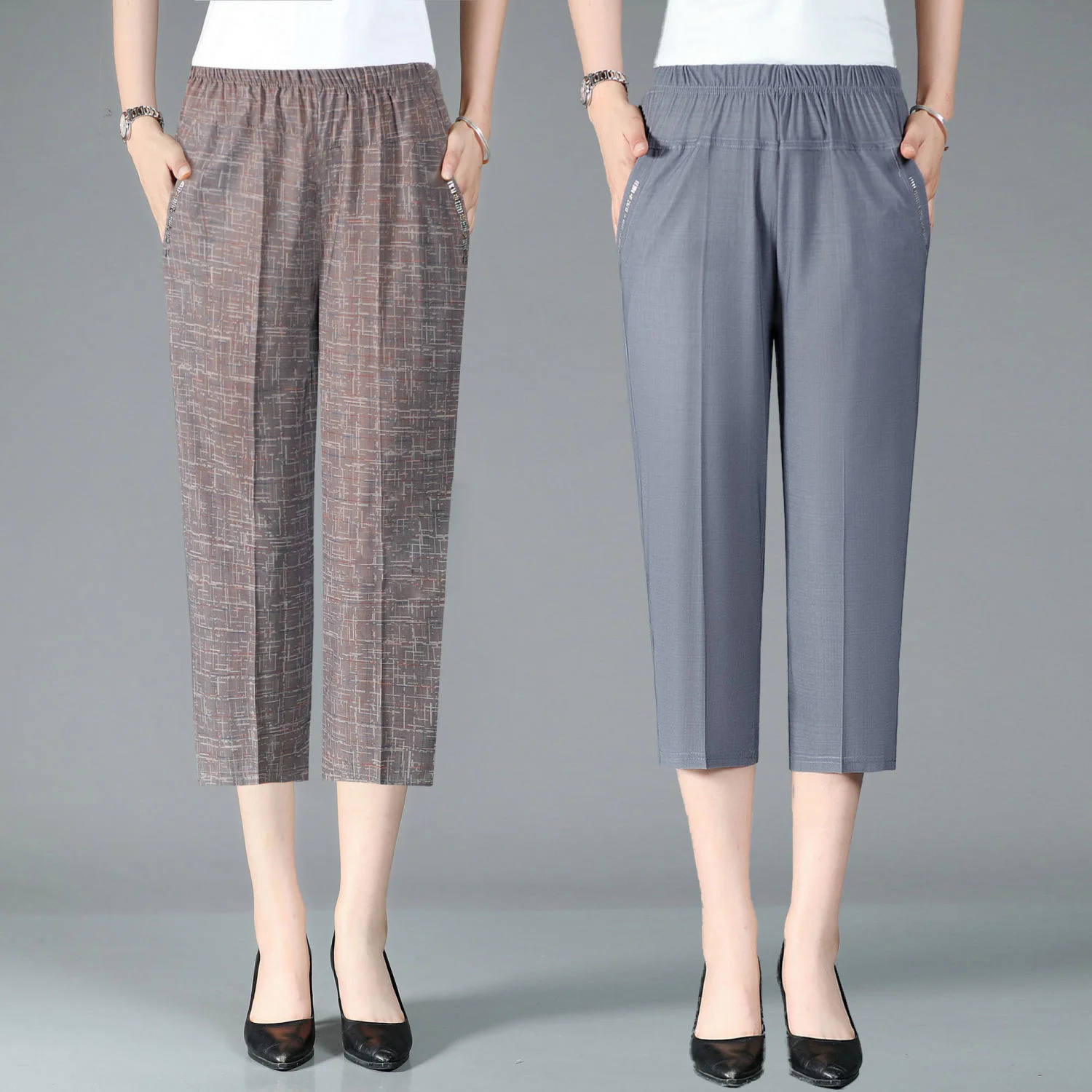 Middle Aged And Elderly Women's High Waisted Elastic Mother's Pants Solid Color Calf-Length Pants Female 3/4 Trousers