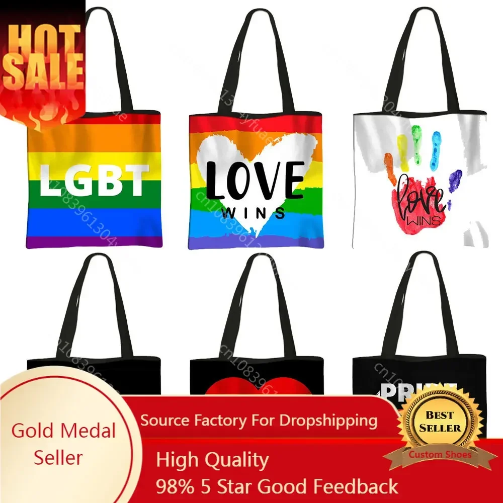 

LGBT Rainbow Heart Shopping Bag Lesbian Gay Pride Tote Bag Homosexual Handbag Peace and Love Book Women Reusable Shopper Bag