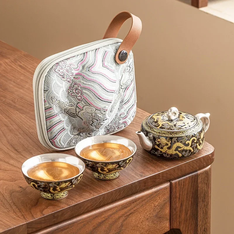 Shuanglong Play Bead Kuaike Cup Outdoor Portable Camping Travel Tea Set Handpainted 999 Silver 1Pot 2Cups High-end Birthday Gift