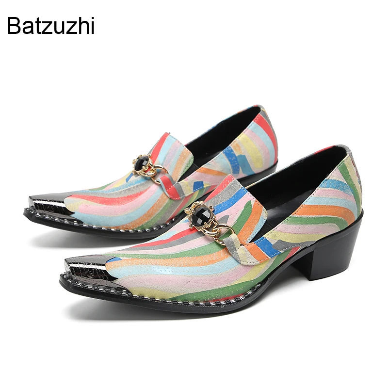 

Batzuzhi 6.5cm High Heels Men's Shoes Pointed Toe Slip on Color Genuine Leather Dress Shoes Men for Party and Wedding, Business