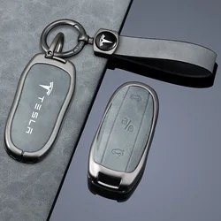 Alloy Leather Car Smart Remote Key Case Cover Holder Shell Fob for Tesla Model 3 Model S Model Y Protector Keychain Accessories