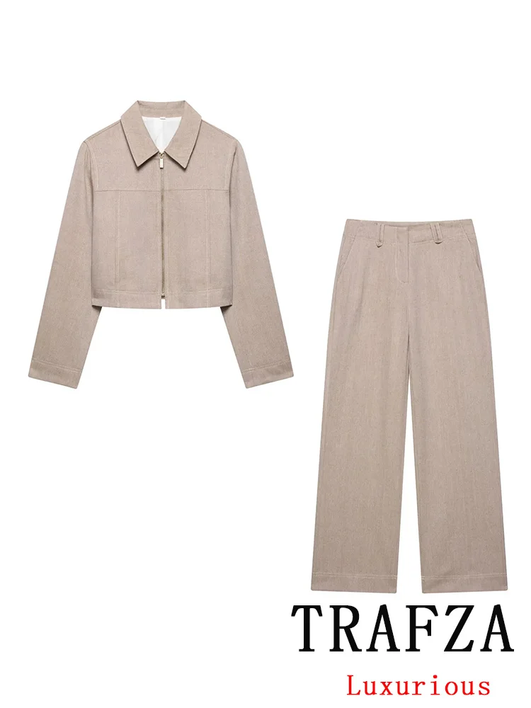 

TRAFZA Vintage Casual Chic Women Solid Suit Turn-down Collar Zipper Pocket Short Top Loose Pants Fashion 2025 Spring Summer Suit