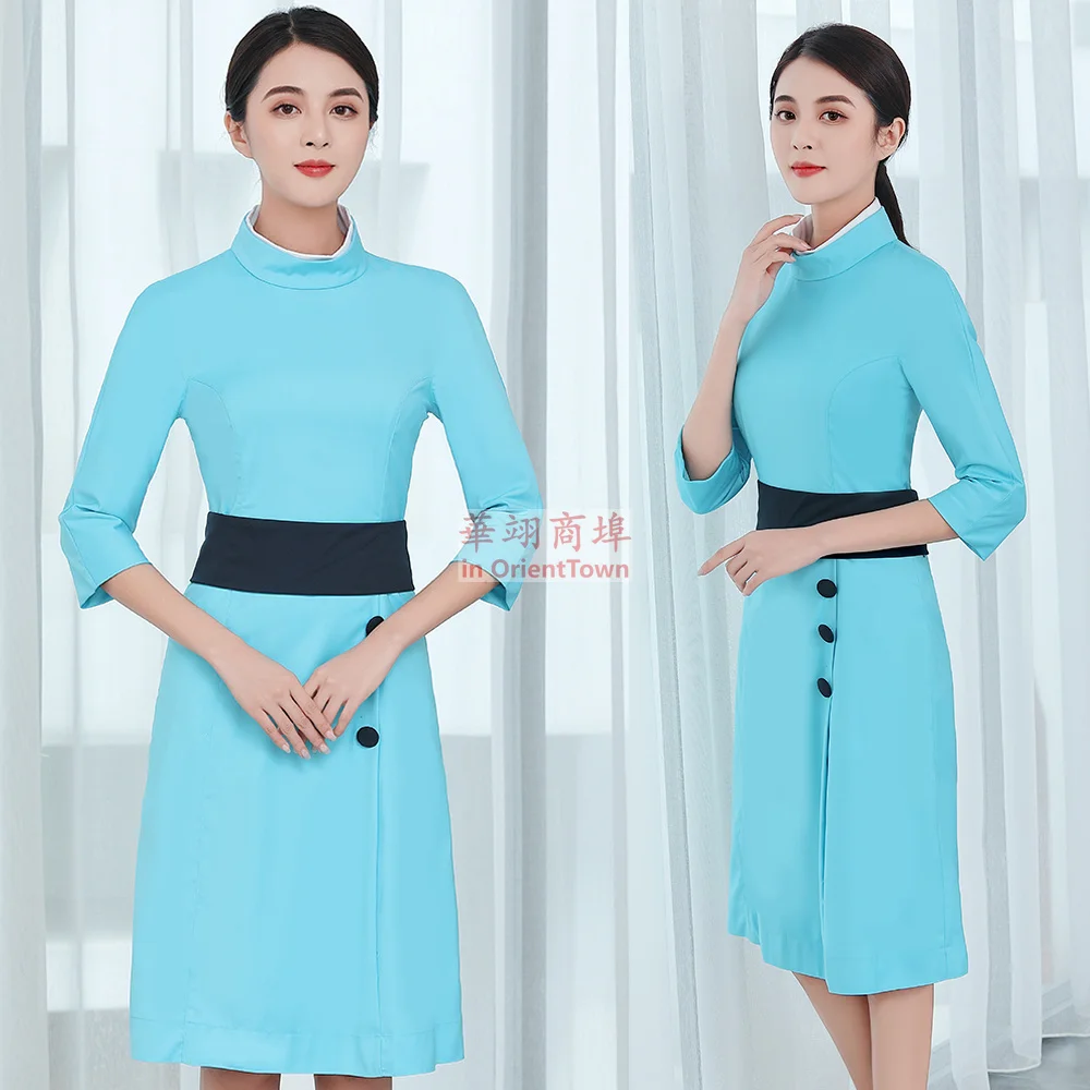 Airline Company Captain Uniform Woman Stewardess Blue Dress Three Quarter Sleeve Professional Attire Etiquette Work Clothes Lady