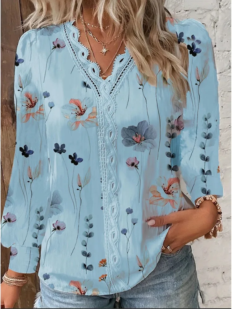 Autumn Fashion Women's Shirts Elegant Long Sleeve Print Office Lady Top White Women Flower Hook Blouse Casual Female Clothing