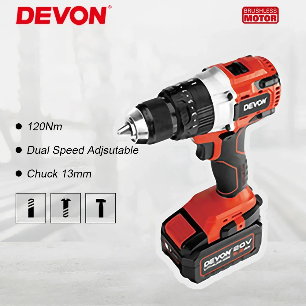 

Devon Cordless Impact Drill Heavy Duty 5283 120Nm 2300rpm 32000ipm 2 Speed Adjustable Multifunctional Universal 20v Flex Battery