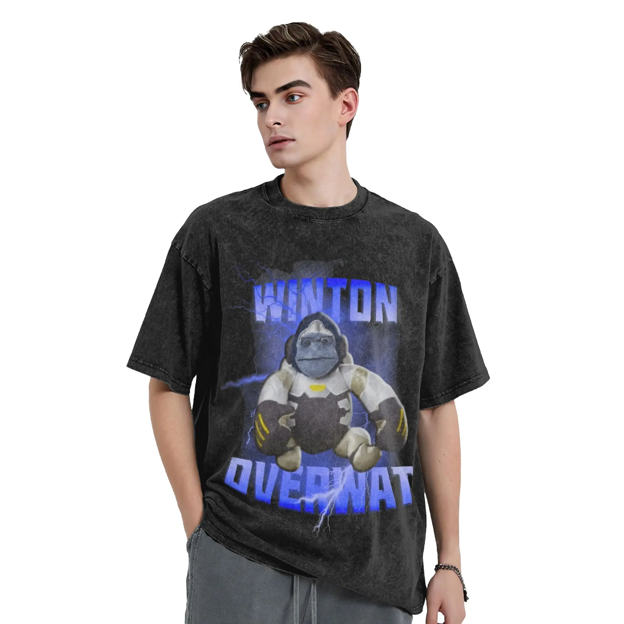 Washed T Shirts Winton meme Winston Overwatchs Hip Hop Vintage T-Shirts High Street Streetwear 100% Cotton Tee Shirt for Men