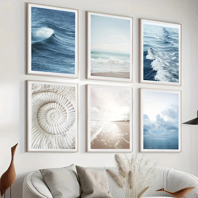 

6pcs Blue Wave Beach Canvas Painting, Nordic Natural Scenery Printed Poster, Modern Living Room Bedroom Wall Art Home Decoration