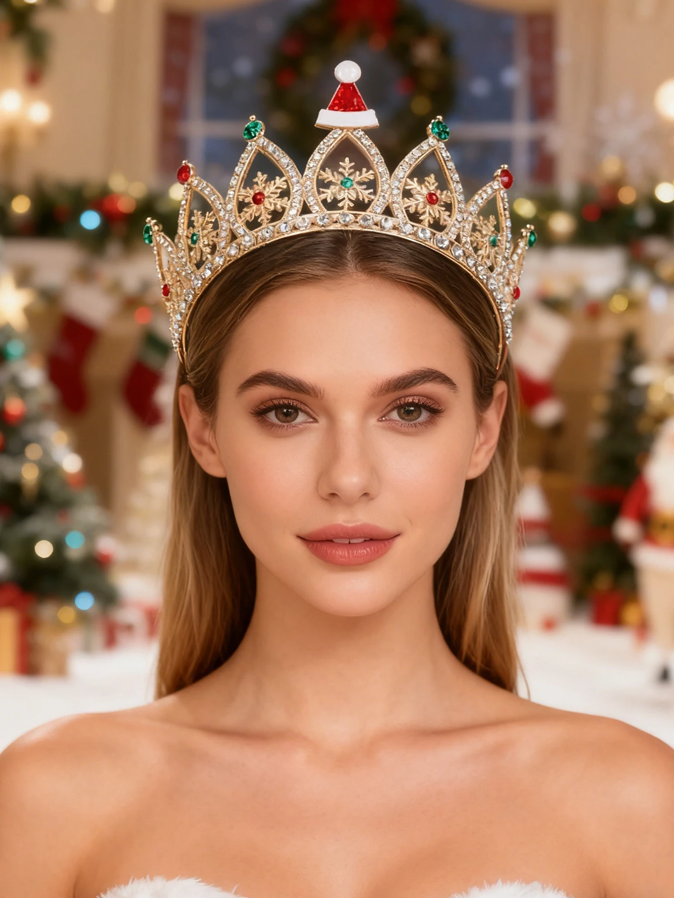 Kronen-Stirnband mit Weihnachtsmotiv, goldfarbene, mit Diamanten besetzte Weihnachtsmütze, Schneeflocken-Haarschmuck, Urlaubs-Partykleid, Weihnachtsfoto-Accessoires