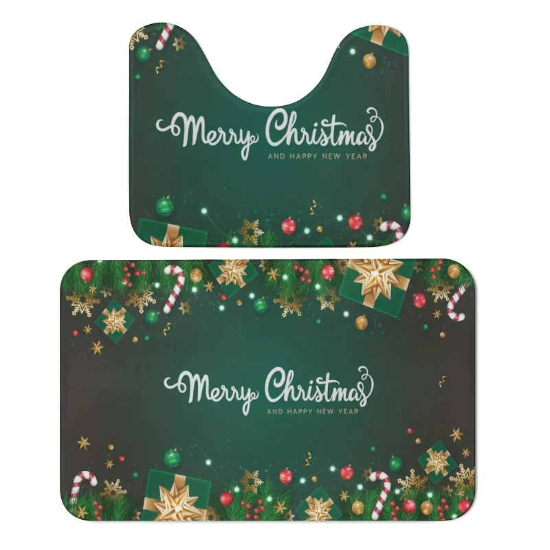 2-Piece Set, Merry Christmas Green Background, Thickened 600g High Resilience Sponge Bathroom Rugs, Ethnic Style, Non-Slip Micro