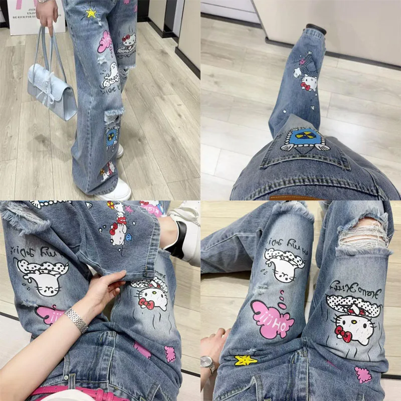 Джинсы Sanrio Hello Kitty Kawaii с героями мультфильмов, аниме, свободные тонкие драпированные прямые широкие брюки, мягкие удобные милые платья для девочек