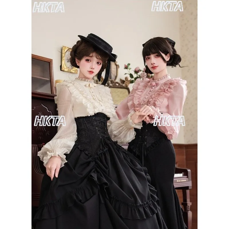 Japanese New Elegant Lantern Long Sleeved White Shirt Lolita Top 2026 Autumn Sweet Cute Bow Pleated Waist Chiffon Blouses Women