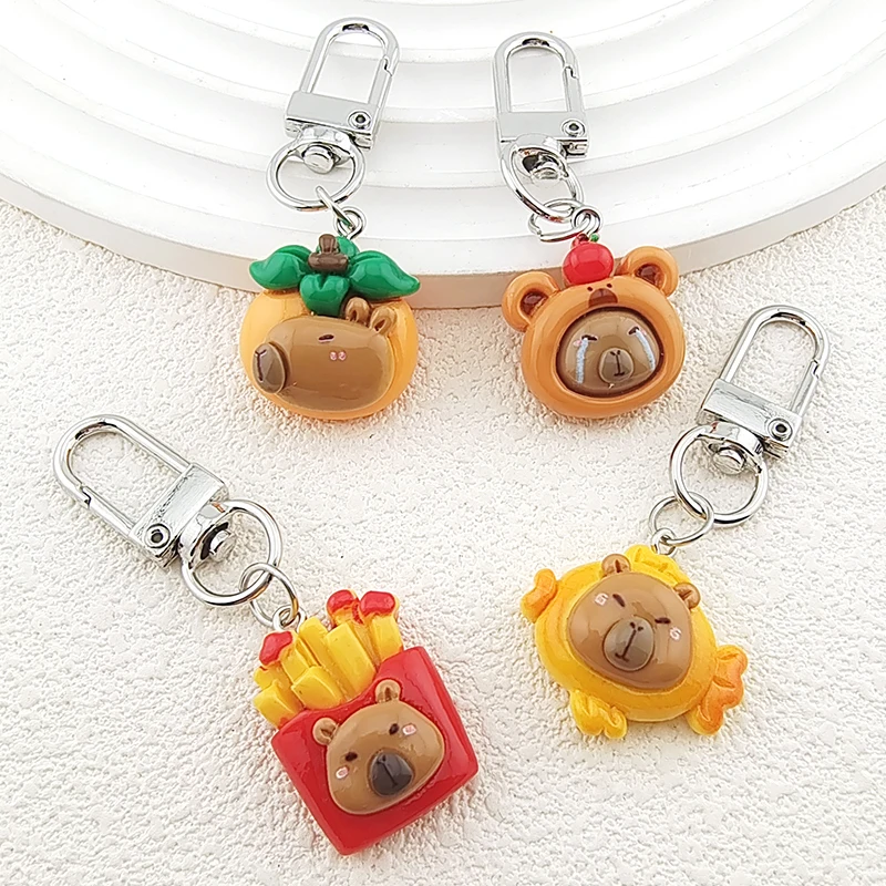 Resin Kawaii French Fries Capybara Keychains For Women Friend Cute Fish Apple Persimmon Lazy Animal Bag Box Car Key Ring Jewelry