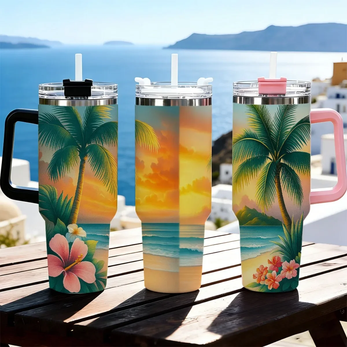 40oz Tumbler with Handle Tropical Beach Palm Tree Hibiscus Print Insulated Cup, Other colors sold out, random black or white shipment for other color orders