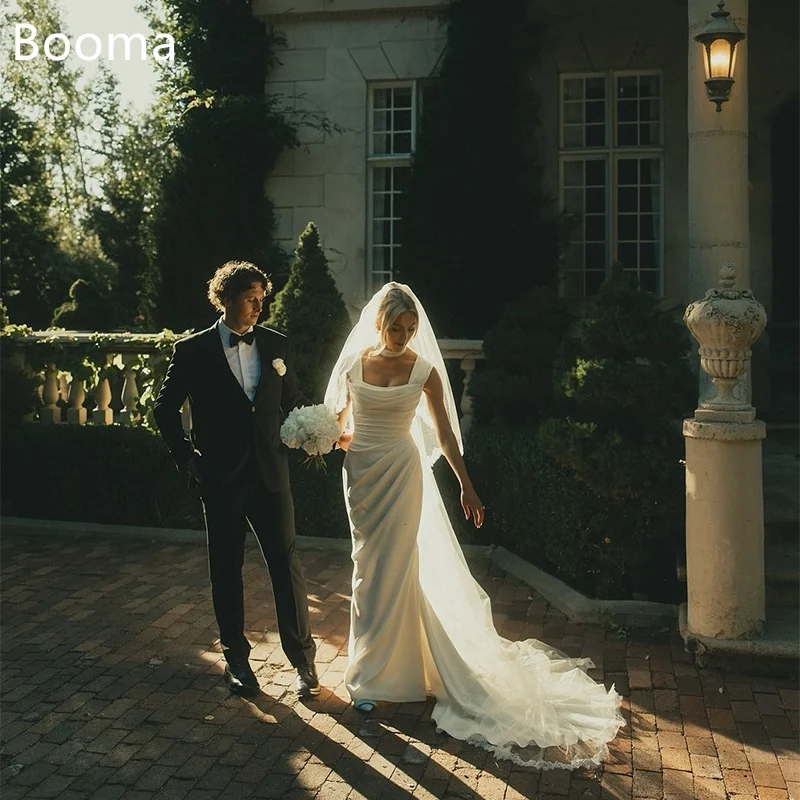 

Booma Mermaid Spaghetti Strap Pleat Satin Simple Wedding Dresses Sleeveless Floor-Length Brides Gown Custom Made 2025