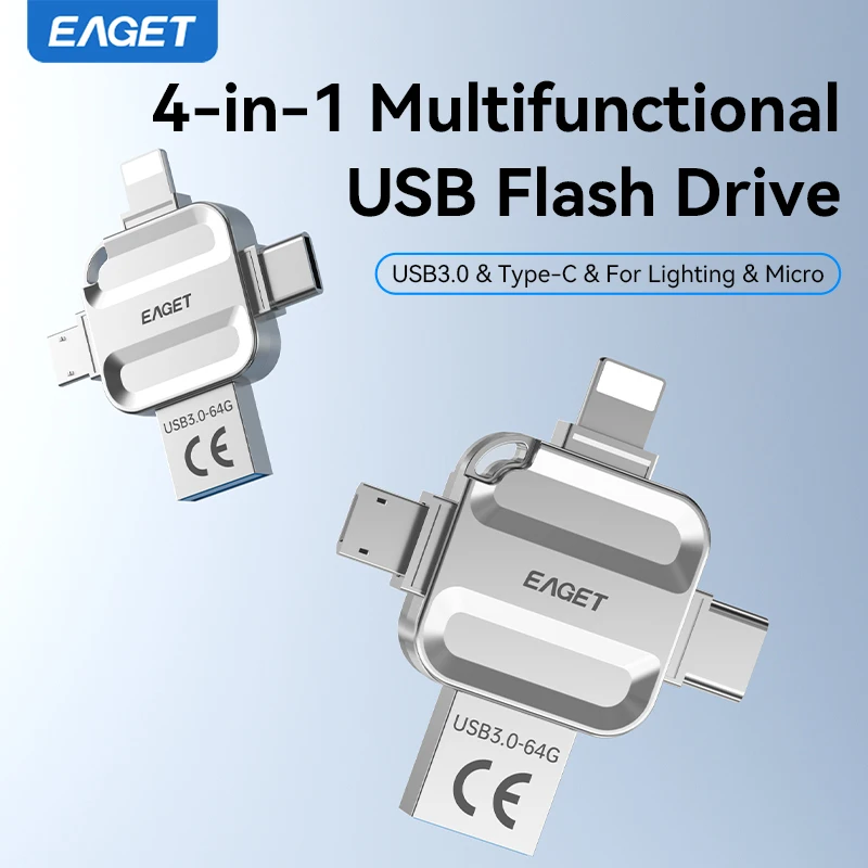 Eaget 4 in 1 Mini USB Flash Drive USB Type C Mirco B Lighting to USB 3.2 Pendrive USB Memories Stick for Phones PC Laptops
