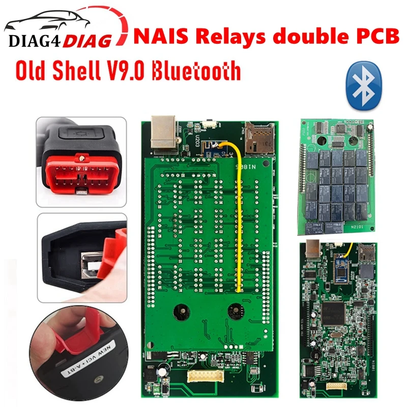 

V2021.11 Bluetooth USB V9.0 Двойная печатная плата Зеленая плата TCS PRO+ NAIS Реле Новый диагностический сканер V2020.23, используемый для автомобиля/грузовика