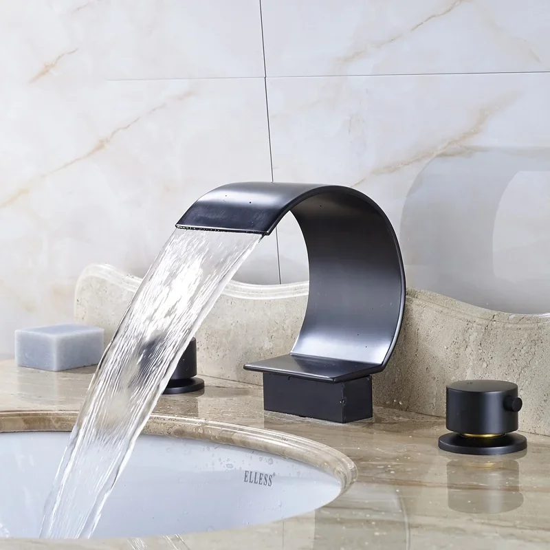 

Fashion Curve Design Brass Waterfall Bathroom Vessel Sink Faucet Widespread 3 Holes Black Lavatory Sink Taps