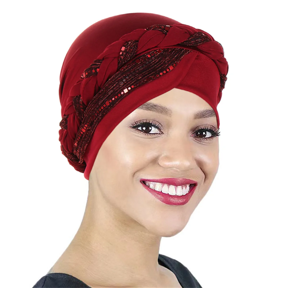 Color Blocked Bright Silk Braid Women Hijabs Turban Hat Solid Color Head Wraps  Pre-tied Elastic Head Scarf Beanies Chemo Cap