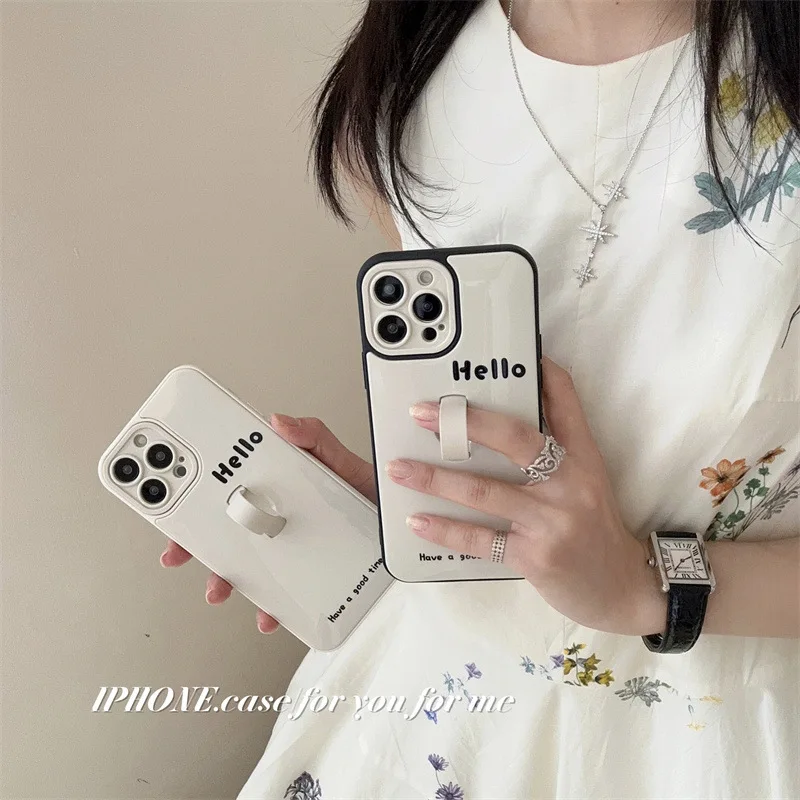 

Simple Fashion English Words Hello Invisible Ring Holder Phone Case For iPhone 15 14 13 11 12 16 Pro Max