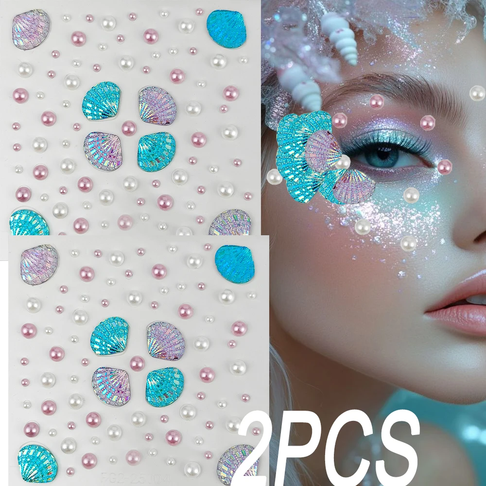 1/2pcs 3D Aurora Seashell Pearls Face Tattoo Stickers Sparkly Mermaid Makeup Facial Half Pearl Stick-on Body Art Decal Face Deco