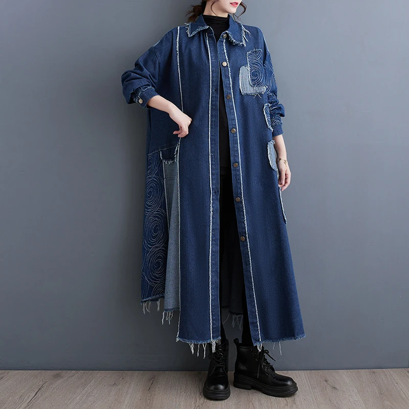 #2176 Black Blue Denim Trench Coat Women Split Joint Denim Windbreaker Ladies Loose Retro A-line X-long Overcoat Female Spring