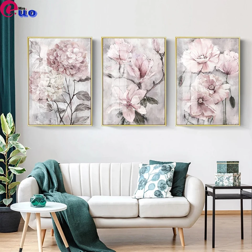 Flower Wall Art Diamond Painting 3 Piece Pink Floral Triptych Bathroom Living Room Home Decor Full Square Diamond Embroidery