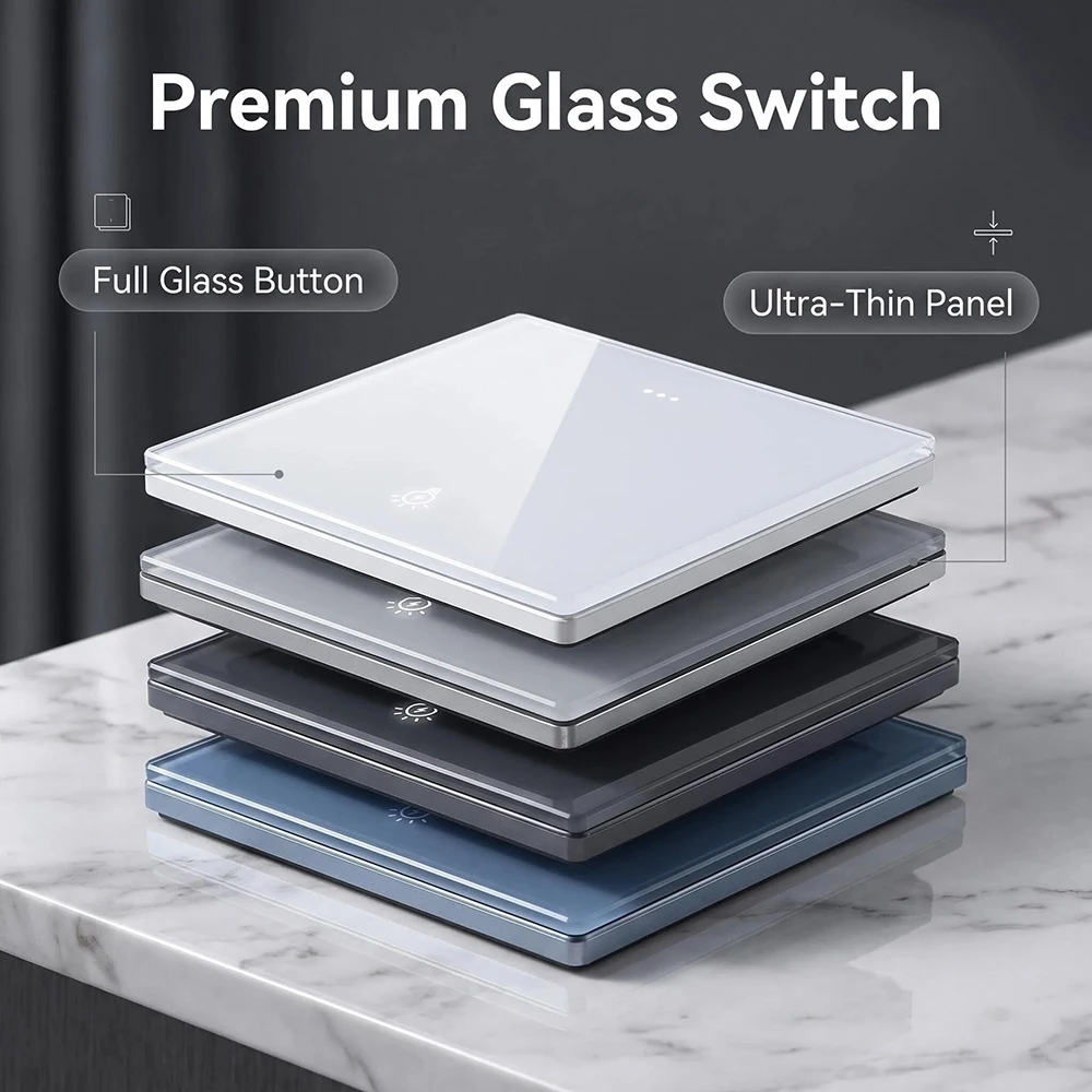WALLPAD Wall Light Switch, 1/2/3/4 Gang 2 Way, Big Button Tempered Glass Switch Plate, 20W Type C Fast Charge, Black White Grey