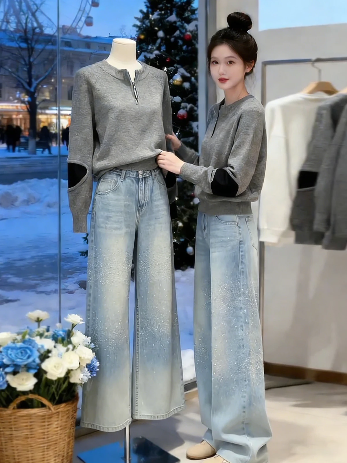 

Thiened Fce Wide Leg Jeans Women's Winter New Loose Design Sense Straight Leg Slimming Pants High Waist Casual Sle