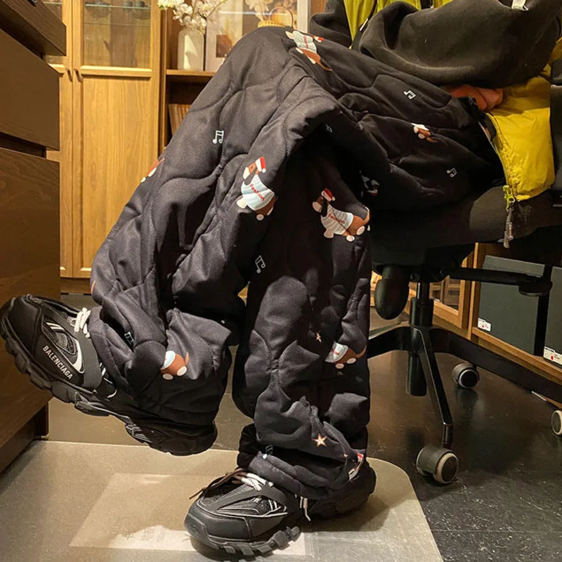 LUZHEN لطيف الكرتون نمط مطبوعة عالية الجودة سميكة الدافئة مبطن بنطلون الرجال 2025 الشتاء موضة السراويل المستقيمة JY4884