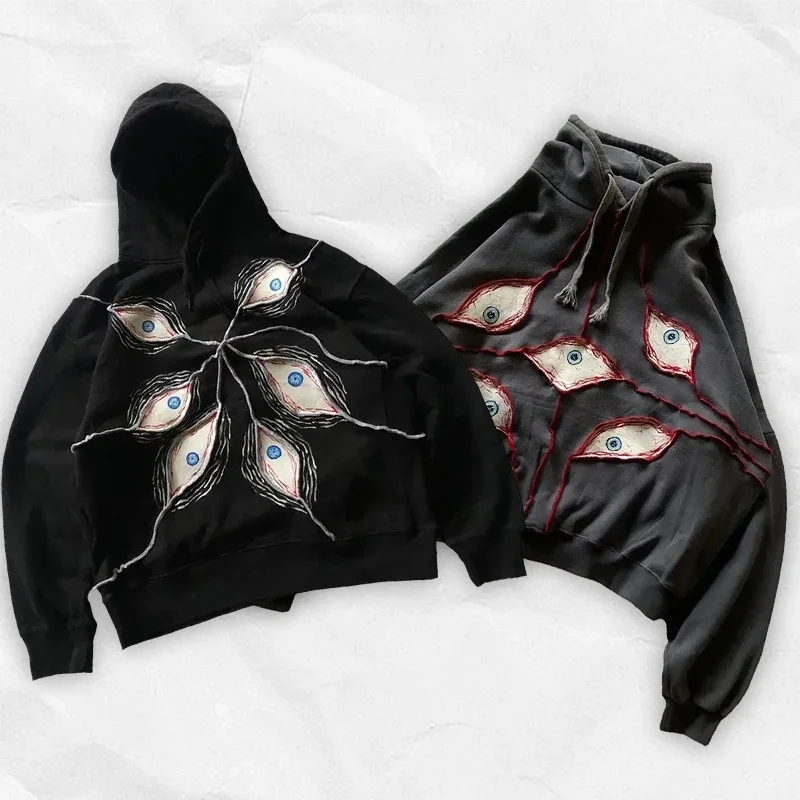 2024 European and American retro hoodie Goth personality patchwork eyes loose super sweatshirt hoodie streetwear sports pullover