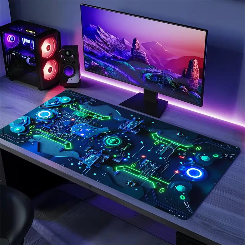 Futuristic Circuit Tech Extended Gaming Mouse Pad Non Slip Desk Surface Neon Mainboard Digital Art Print For Gaming Setup