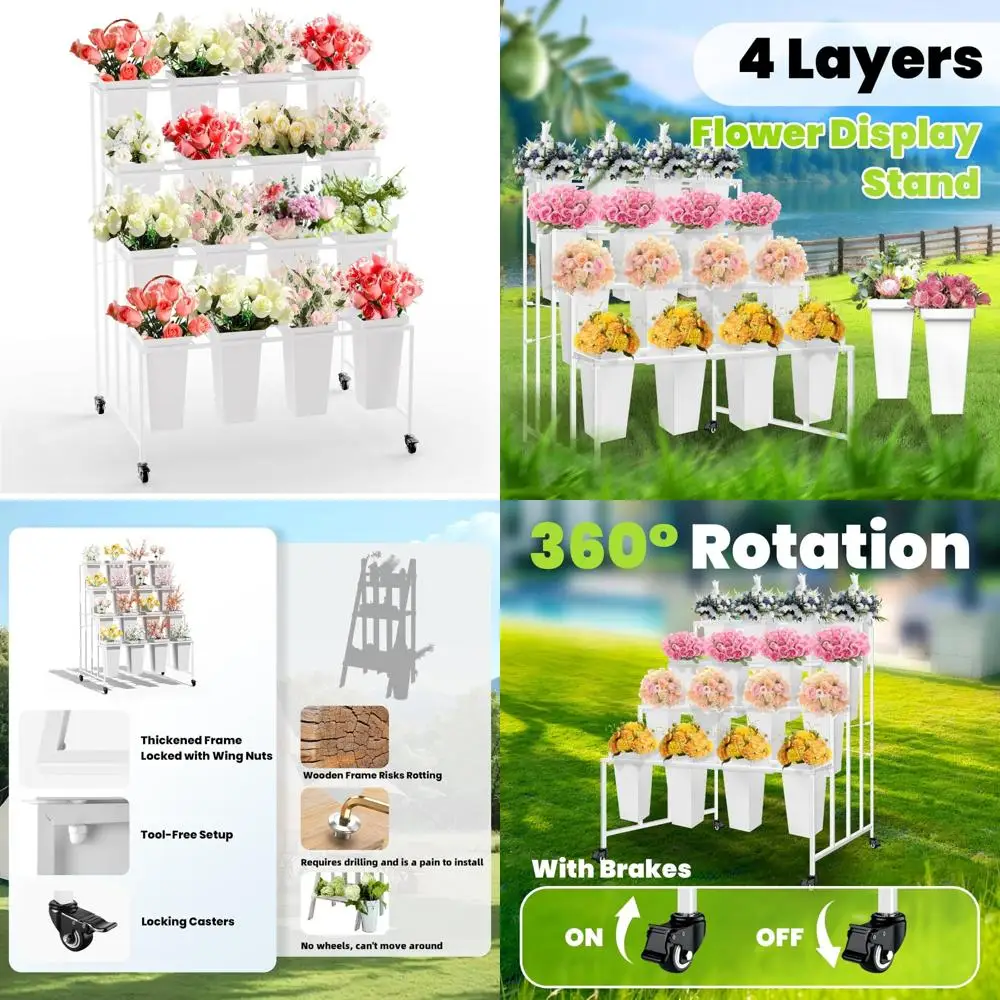 Carrello per piante mobile a 4 livelli per impieghi gravosi con 16 secchi per esposizioni floreali e facile trasporto con ruote