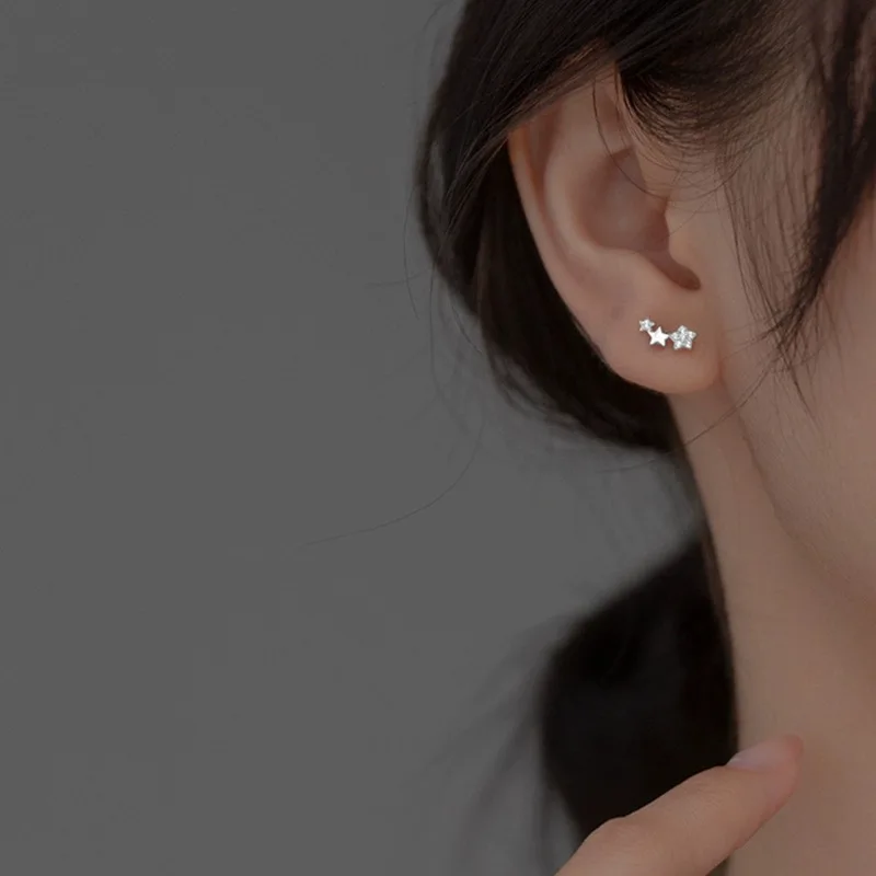 Fashion Simple Silver Color Small Zircon Stars Screw Earrings For Women Versatile Cartilage Helix Tragus Ear Piercing Jewelry
