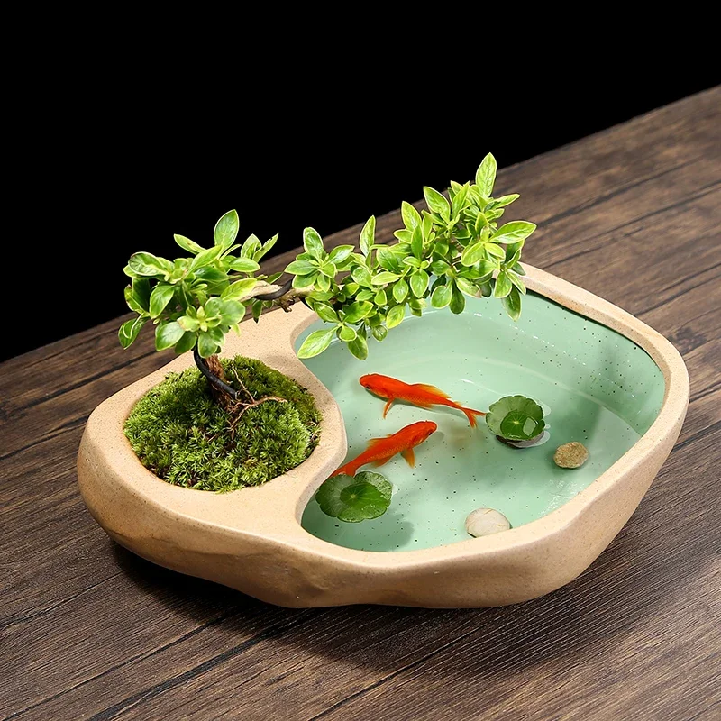 

Ceramic goldfish tank desktop small living room ornament turtle tank ancient small fish tank water lily pot lotus pot