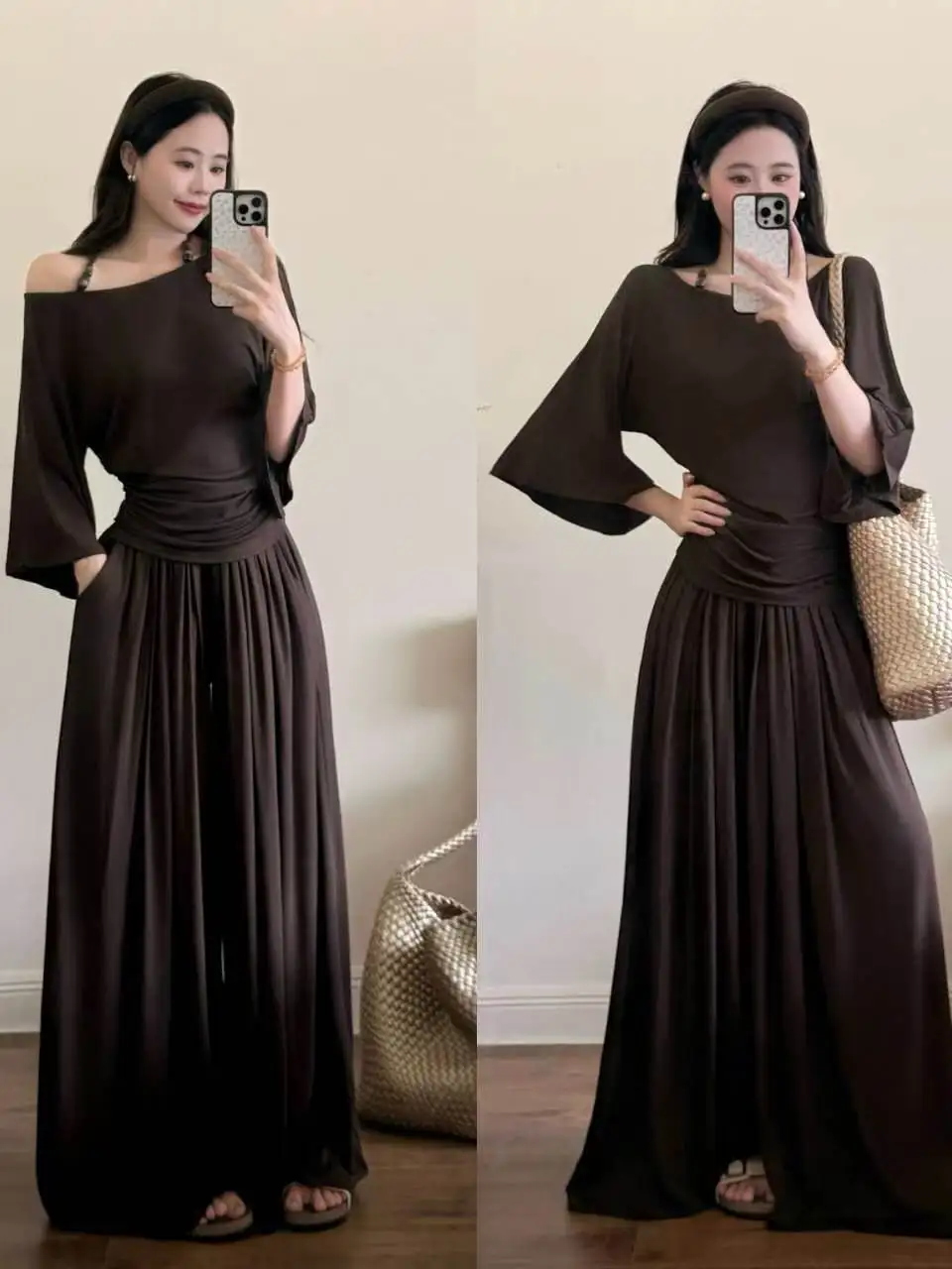 

Summer Loose Fit T-Shirt And High Waist Wide Leg Pants Two Piece Set Women's Casual Style round Neck Short Sleeve Tops
