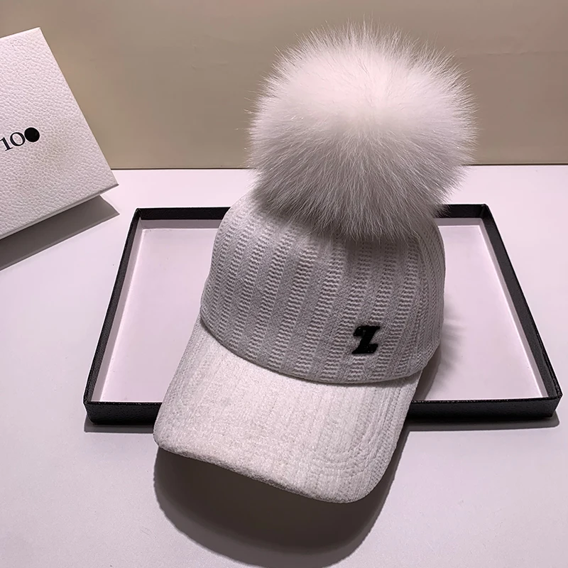 New baseball caps 2025 winter cap for women Real fox fur pompom ball cap Adjustable Casual Snapback hat cap