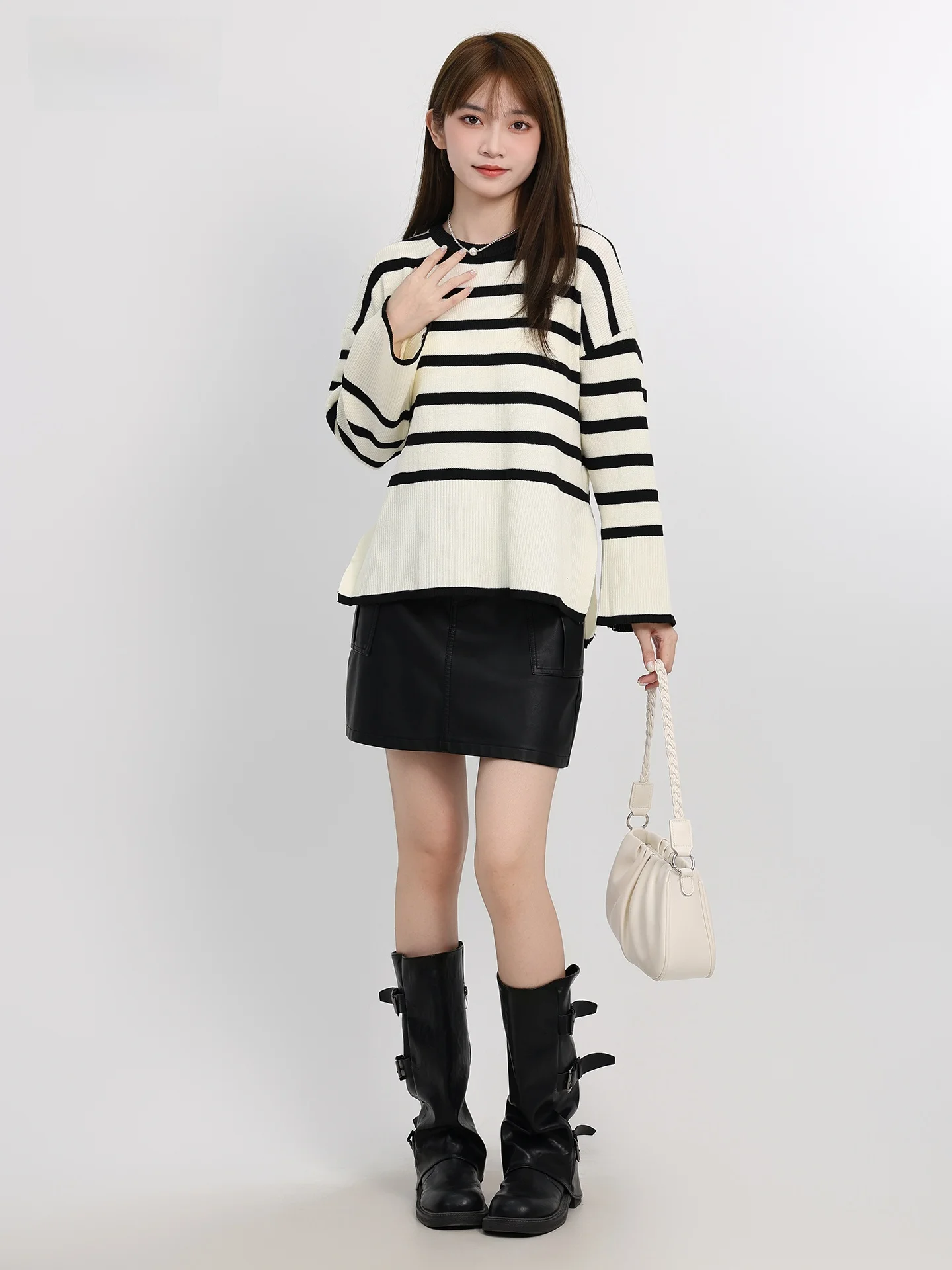 Korean Sle Color Blo Striped Long Sve round Ne Women's Sweater Autumn New Lazy Faion Slimming Side Slit Top