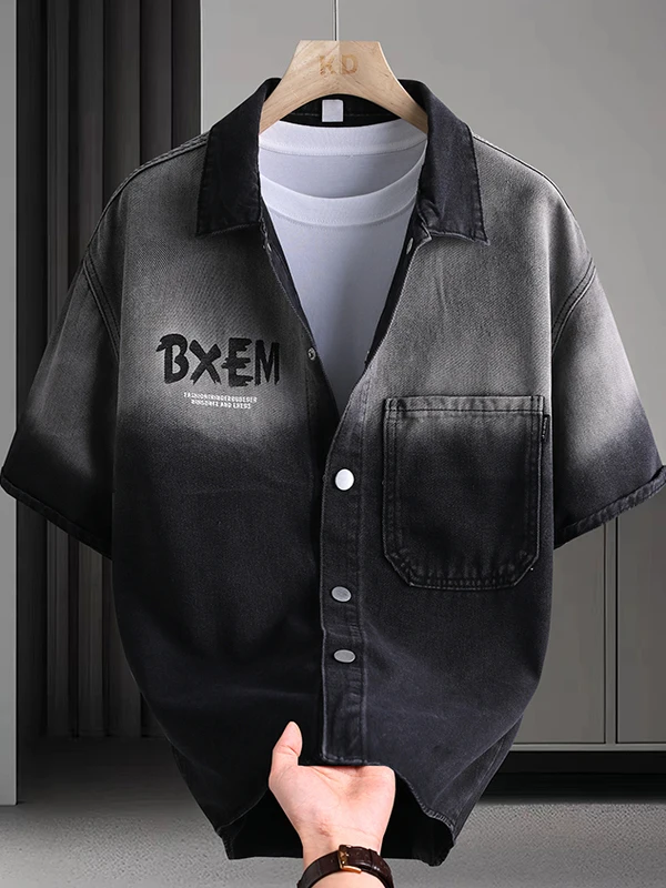 

Summer Casual Loose Fit Men's Denim ort Sve irt Thin Five-Quarter Length Versatile Workwear Jaet Youth Faion Cotto...